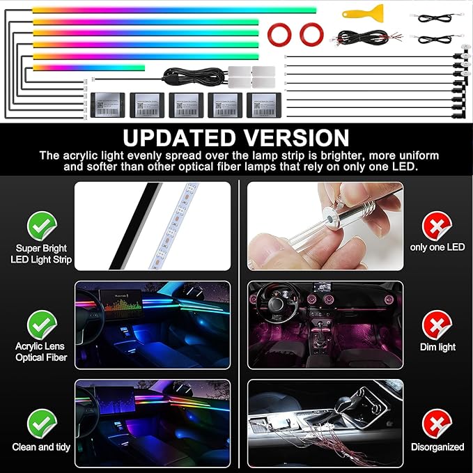 Dream+Color Acrylic Interior Car LED Strip Light with Wireless APP, RGB 18 in 1 with 175 inches 593 LEDs Fiber Optic Strip Lights for Car, Dynamic Chasing Music Sync Neon Ambient Lighting Kits