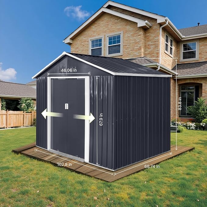 9.1' x 6.4' Outdoor Storage Shed, Sturdy Metal Building w/Windows & Lockable Doors for Garden, Backyard, Poolside and Lawn, Anthracite