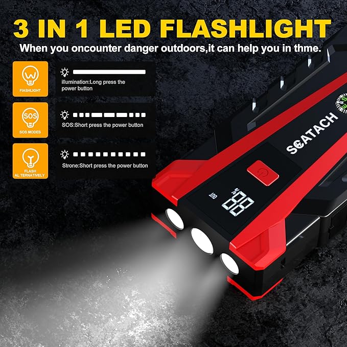 Scatach 011 3000A Car Battery Jump Starter,12V Jump Starter Battery Pack (up to 9.0L Gasoline and 7.0L Diesel Engine), Portable Jump Box with 3 Modes Flashlight and Jumper Cable