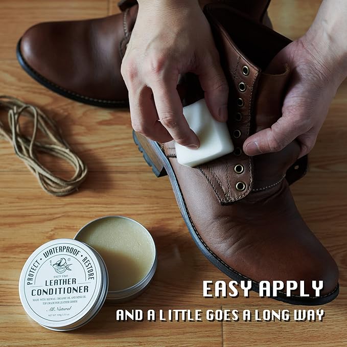 SALTY FISH All-Natural Leather Conditioner and Cleaner,Made with Mink Oil Beeswax,Protect Soften Waterproof Leather Furniture,Car Seats,Shoes,Boots,Bags (7.5 Oz)
