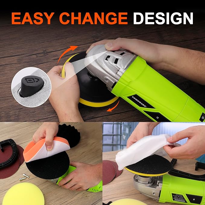 COMOWARE 1300W Professional Car Buffer Polisher - 6-Speed Adj. (600-4000 RPM) with 7"/6" Backing Plates, Auto Detailing Tool for Sanding/Waxing/Polishing by Professionals