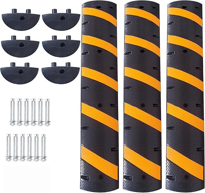 3 PCS 6FT Speed Bumps Wite End for Road, Heavy-Duty 25,000 Lbs Capacity Traffic Rubber Speed Humps with 2 Channel Floor Cord Cover for Asphalt Concrete Gravel Driveway Road (3)