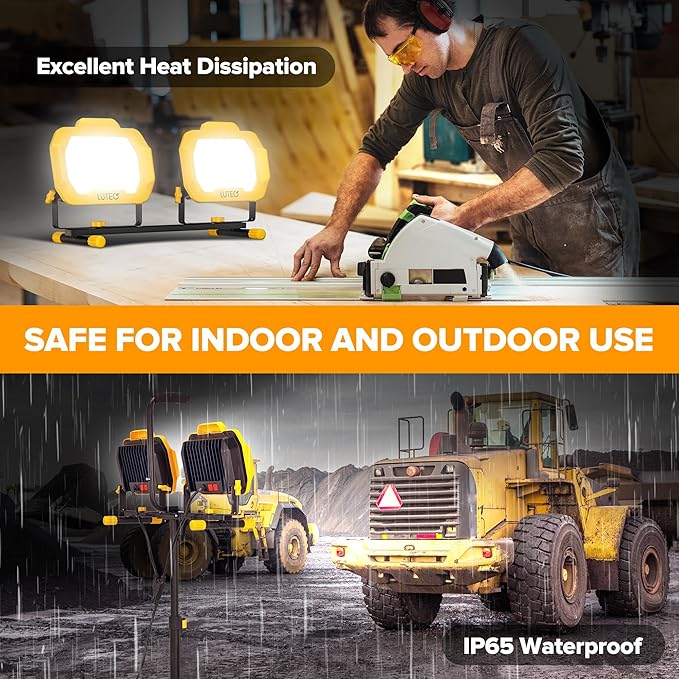 LUTEC 25000 Lumen LED Work Lights with Stand, Dual Head Dimmable Work Light with 6 Brightness Levels, IP65 Waterproof Rotating WorkLights with Telescoping Tripod and 8.2 Ft 3-Prong Power Cord