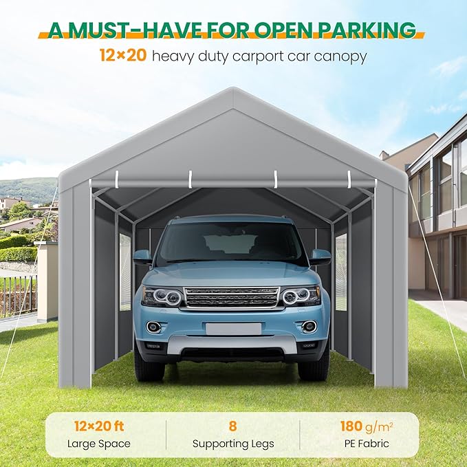 COBIZI Carport Canopy 12x20 Heavy Duty Portable Garage with Removable Sidewalls & Doors, Galvanized Frame Car Port Canopy Tent Waterproof with Built-in Sandbags for Car Boat Truck, Gray