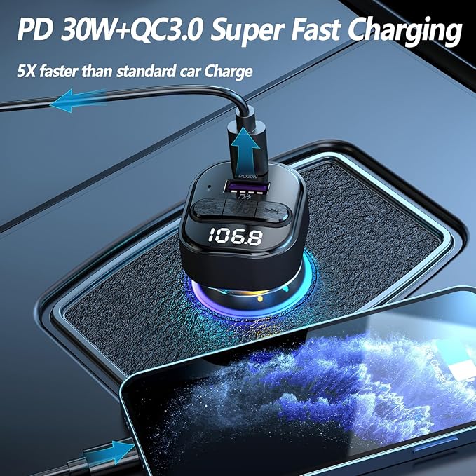 Bluetooth 5.3 FM Transmitter for Car, Bluetooth Car Adapter with Type-C PD(30W) Charger and QC3.0 USB Port, Wireless FM Radio Transmitter, Support MP3 Player, Handsfree Calling, LED Backlit,U Disk