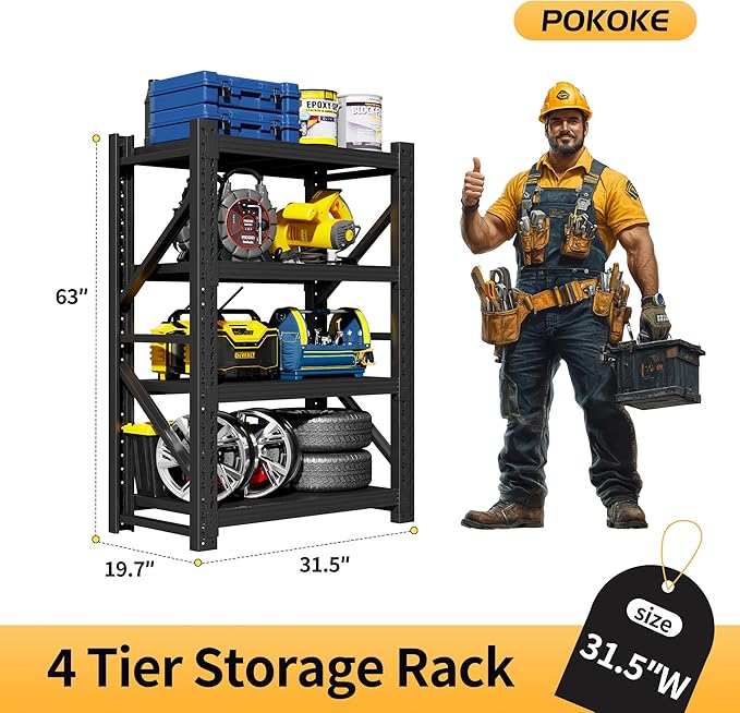 Garage Shelving Unit, 4 Tier Heavy Duty Racks, Easy Assembly, Metal Racks with Adjustable Shelves, 3000 LBS Load Capacity,for Warehouse,Basement (Black, 19.7" D x 31.5" W x 63" H)