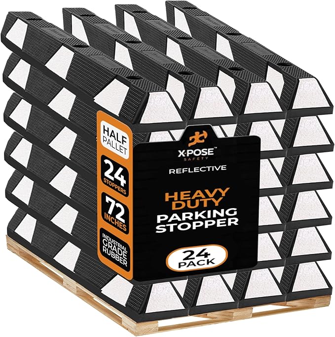 Xpose Safety 72" Heavy Duty Rubber Parking Stopper – Bulk Half Pallet 24 Pack Wheel Blocks for Garage, Driveway, or Ramp – Car Bumper Stop with White Reflective Strips – Removable Floor Mount