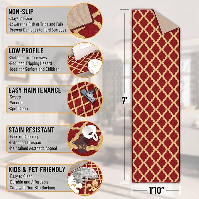 Ottomanson Hallway Runner Rug 1'10" x 7' Non Slip Trellis Area Rugs Easy to Clean Laundry Rug Runner Durable & Pet Friendly Floor Carpet Runners for Hallways Entryway Living Room Kitchen Bathroom, Red