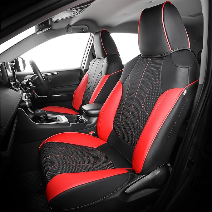 for Toyota RAV4 Seat Covers 2019 2020 2021 2022 2023 2024 2025 RAV 4 Prime & Hybrid XLE LE Limited XLE Premium (Not for XSE/SE Hybrid) - Custom Leather Car Seat Covers Full Set - BlackRed