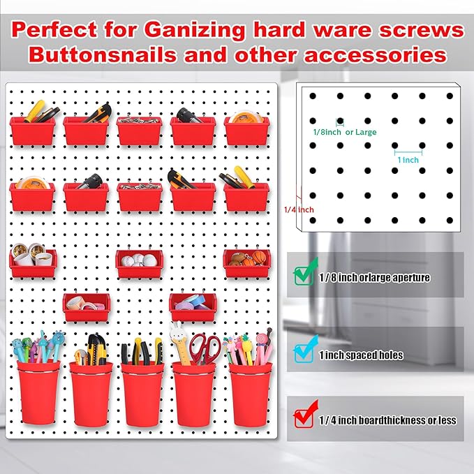 Yookeer 20 Pcs Pegboard Bins and Cups with Hooks and Loops Peg Assortment Organizer Accessories Various Tool Organizer Pegboard Baskets Set for Garage Workshop Workbench Office(Red)