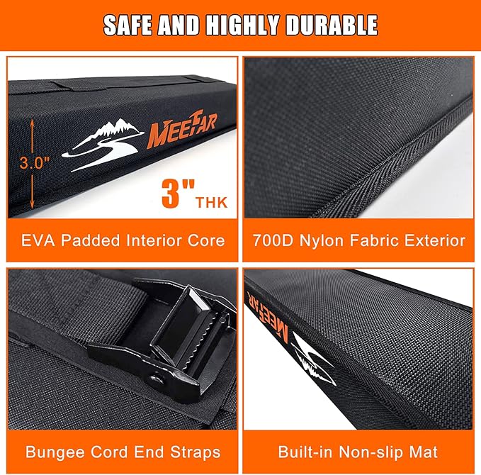 MeeFar Universal Car Soft Roof Rack Pads Luggage Carrier System for Kayak Surfboard SUP Canoe Include 2 Heavy Duty Tie Down Straps, 4 Tie Down Rope, 4 Quick Loop Strap and Storage Bag