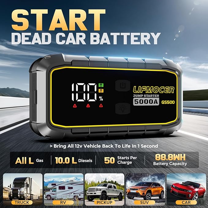 GS500 Car Jump Starter - 5000A Car Battery Jump Starter for Up to All Gas and 10.0L Diesel Engines, 12V Portable Jump Box with Storage Case USB Quick Charge, and LCD Display