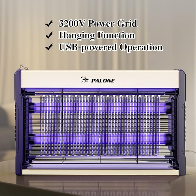 PALONE Electric Bug Zapper 3200V Mosquito Zapper Killer Indoor Insect Killer with Hanging Chain Mosquito Trap with Removable Collection Tray USB Electric Bug Zapper Outdoor for Home Office (16 in)