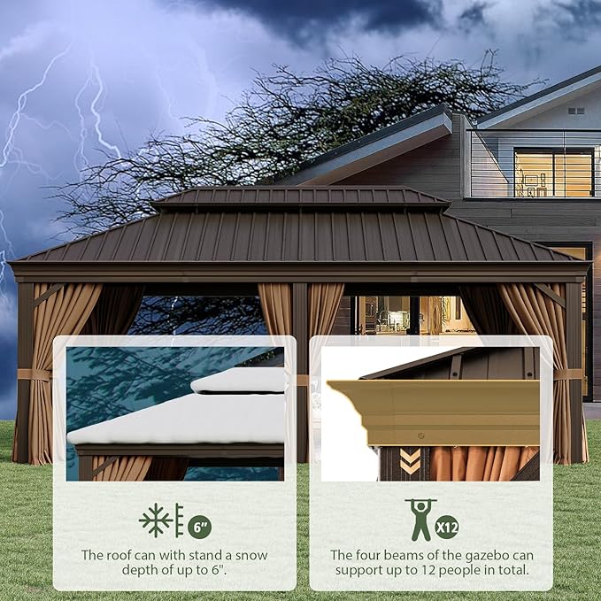 Aoxun 12' X 20' Permanent Hardtop Gazebo Aluminum Gazebo with Galvanized Steel Double Roof for Patio Lawn and Garden, Curtains and Netting Included, Brown