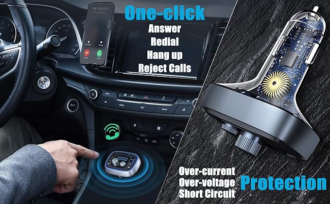 LIHAN USB C Bluetooth Adapter for Car, AUX Wireless FM Radio Transmitter, Handsfree Calling & Audio Receiver, MP3 Music Player, QC3.0 & Type-C PD USB Charger,7 Colors LED Backlit