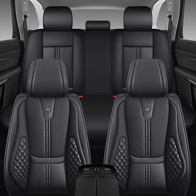 Car Seat Covers Full Set, Black Seat Cover for Cars Compatible Airbag, Easy Install Luxury Leather Automotive Seat Covers with Lumbar Support, for Car, Truck, SUV, Black