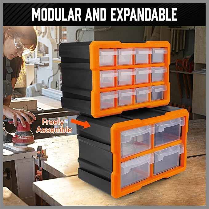 HORUSDY 16-Drawer Storage Cabinet, Wall Mountable Parts Organizer for Hardware, Tools, Screws, Beads, Crafts, Garage, and Office Storage, Customizable Dividable Drawers, Heavy-Duty & Durable