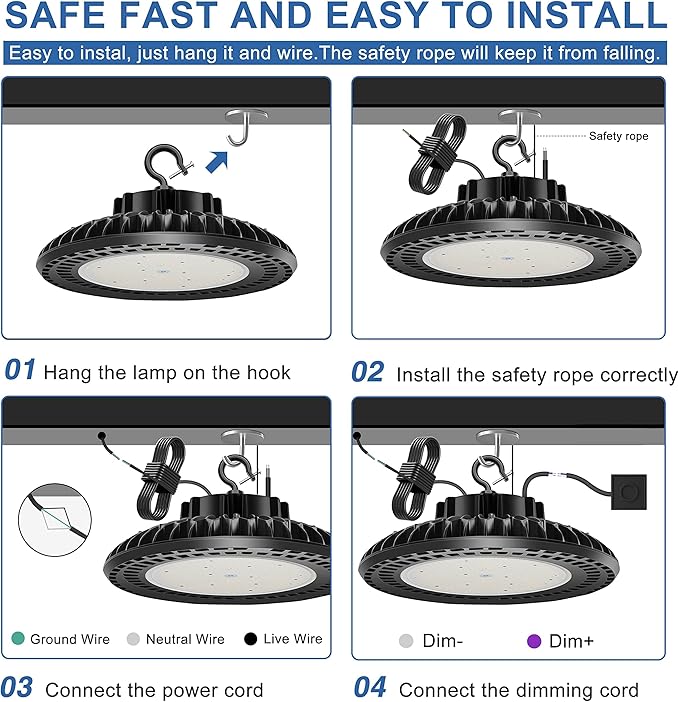 6 Pack 300W LED High Bay Light, UL&DLC Listed 41000LM Dimmable UFO High Bay LED Lights for Warehouse, 5000K Daylight IP65 Waterproof Commercial Bay Lighting 𝐀𝐂𝟏𝟎𝟎-𝟐𝟕𝟕𝐕