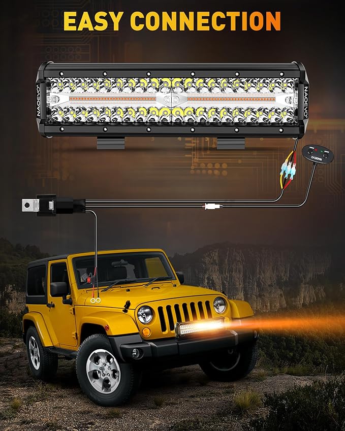 NAOEVO 12 Inch LED Light Bar, 300W 30000LM LED Offroad Fog/Driving Lights with 2 Leads Wiring Harness, Spot & Flood Combo, Work for Truck Boat UTV ATV, 1 Pc (White/Amber/White&Amber)