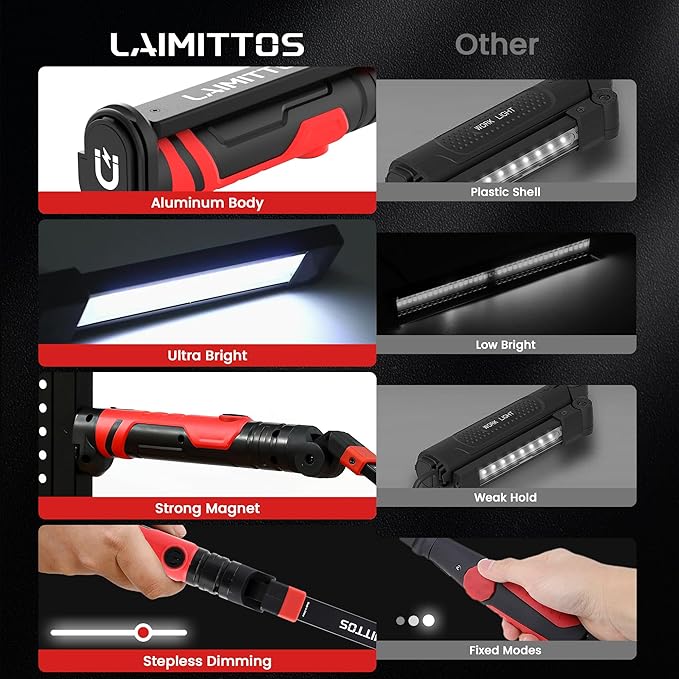 Rechargeable Work Light 2500mAh Magnetic LED Work Light Flashlight Mechanic Light Tool Gifts for Men Him, Foldable Lamp with Hook for Car Repair Emergency BBQ Grill (4 Pack)