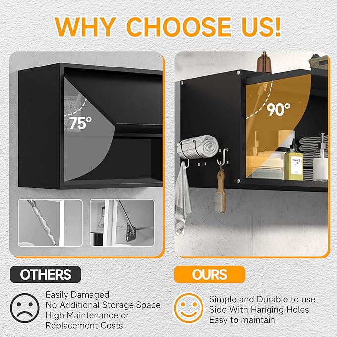 Metal Garage Wall Cabinet with Doors Side with Holes,Wall Mounted Metal Storage Cabinet with Up-Flip Door,Garage Storage Cabinet for Garage, Basement, Kitchen, Warehouse,Office, Bathroom-Black