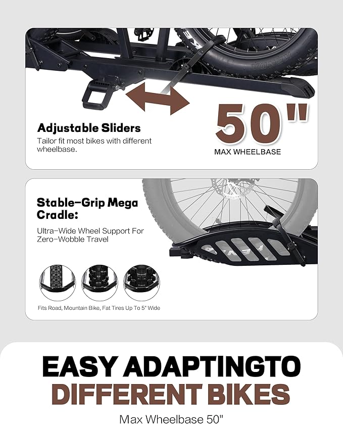 E-Bike Rack with Ramp, Hitch 2 Bike Rack, 200 lbs Capacity Electric Bike Carrier, Foldable Platform Mount for Cars, Trucks, SUVs, Minivans, Up to 5-Inch Fat Tire for 2'' Receiver
