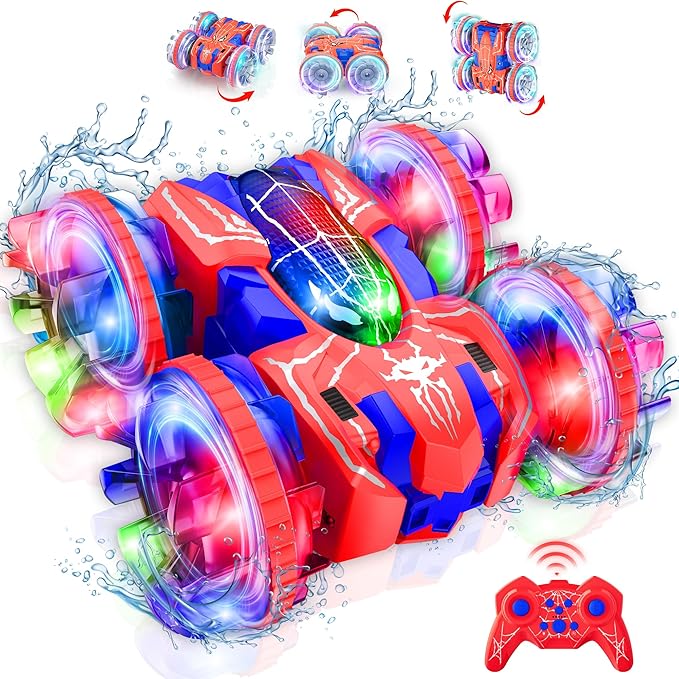 ZIZZ Amphibious Remote Control Car: 4WD Waterproof RC Car 2.4 GHz Remote Control Boat for Kid, Spider Double Sided 360° Rotating RC Stunt with LED Light, Boy Girl Gift All Terrain Water Beach Pool Toy