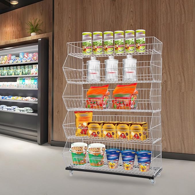 Retail Display Rack 5-Tier Market Merchandise Display Shelf Fruit Storage Shelf Vegetable Snack Basket Retail Store Supplies with Wheels for Home Store Market (18" D X 35" W X 55" H-White)