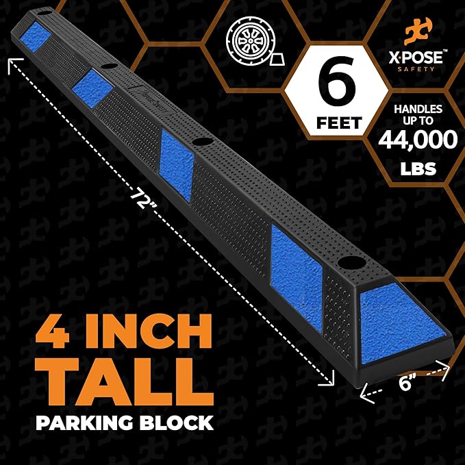 Xpose Safety 72" Heavy Duty Rubber Parking Stopper – 10 Pack Wheel Blocks for Garage, Driveway, or Ramp – Car Bumper Stop with Blue Reflective Strips – Removable Floor Mount
