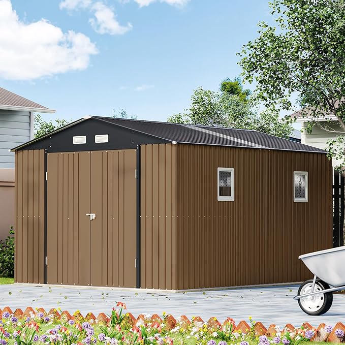 10X12X7.5 FT Outdoor Steel Storage Shed with Lockable Doors, 2 Windows, Transparent Roof Panels (Wood Panels & Frame Floor Not Included), Ideal for Patio Storage,Garbage Can, Chicken Coop，Brown