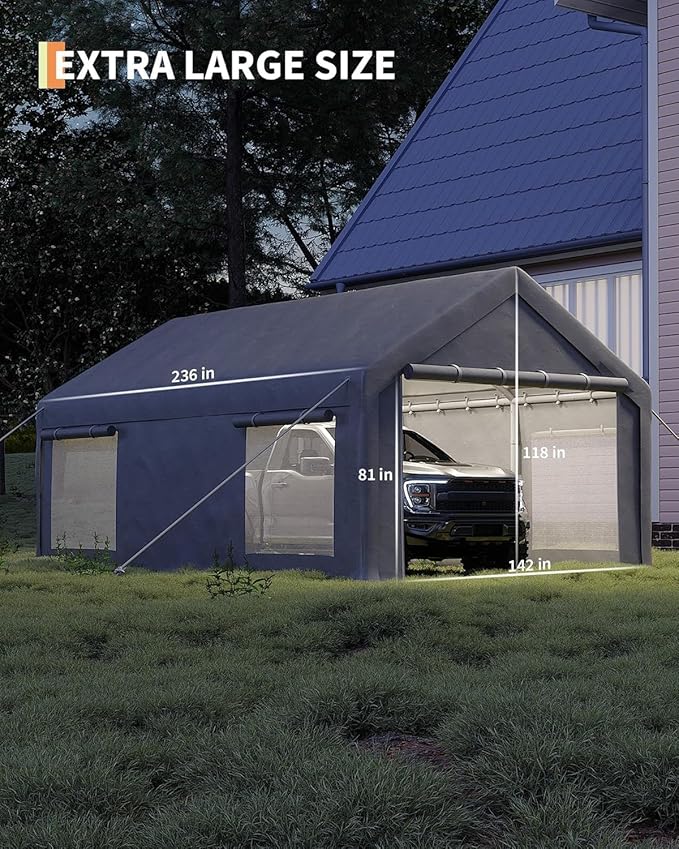 12 x 20ft Heavy-Duty Carport Canopy with Roll-Up Windows & DoorsThickened Wind Ropes, Ground Nails, Portable Car Tent Garage for Cars, Trucks, Boats, 180G Durable Tarp Cover,Grey
