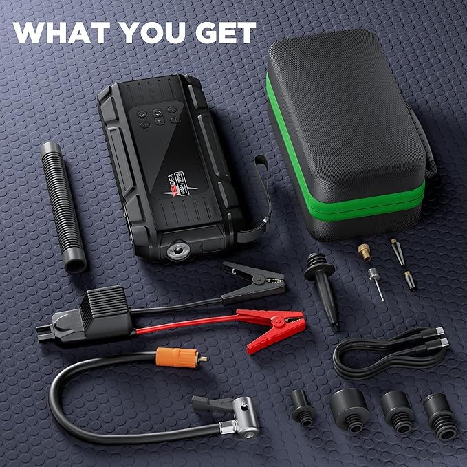 Jump Starter with Air Compressor: 4000A 150PSI Car Battery Charger - 65W Tire Inflator Portable Car Battery Jumper Starter Power Pack - Jump Box Cables (All Gas/10L Diesel) - for Automotive RV Tools