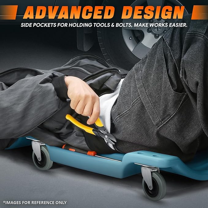 DNA MOTORING 40" L X 19" W Vehicle Repair Low Profile Plastic Rolling Garage Shop Creeper with Padded Headrest,Tool Trays & 6pcs Casters, Tiffany Blue, TOOLS-00217-TB