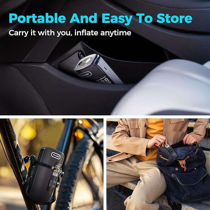 Tire Inflator Portable Air Compressor, 150PSI Rechargeable 2X Faster Cordless Air Pump, Portable Tire Inflator with Pressure Gauge & LED Light 4 Preset Modes, Electric Air Pump for Motor Bike Ball