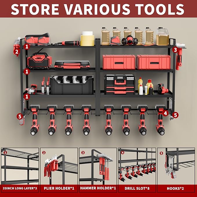 NINAT Heavy Duty 4-Tier Wall Mount Tool Organizer Rack - 8 Drill Holders, 150lb Capacity for Power Tools, Cordless Drills | Garage, Workshop, Shed & Basement Storage Solution