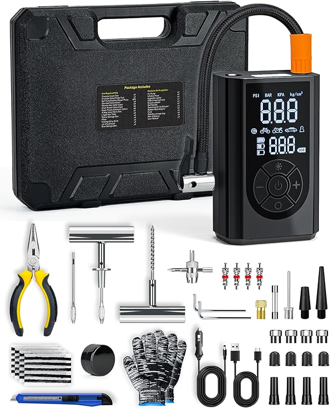 Tire Repair Kit with Portable Air Compressor, Tire Plug Kit 58PCS with Cordless Tire Inflator (150 PSI) for Car, Motorcycle, Tractor, Truck, Ball