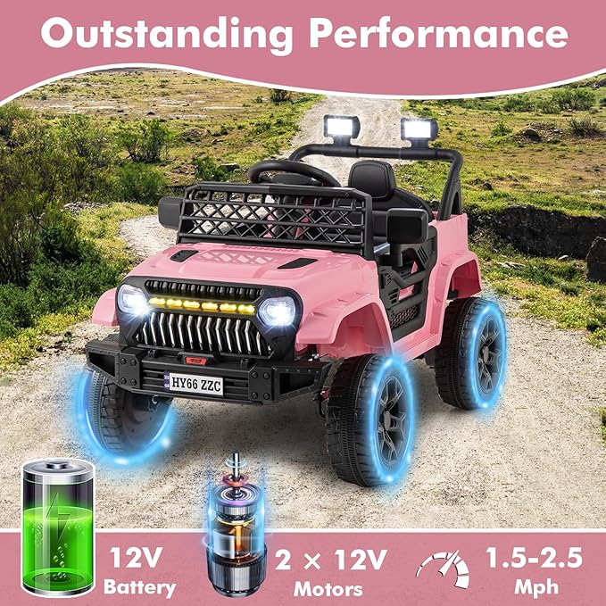 Costzon Kids Ride On Truck, 12V Battery Powered Electric Vehicles w/Remote Control, Spring Suspensions, 3 Speeds, Music, Lights, Wireless Connection, Ride on Car for Boys & Girls 3+ (Pink)