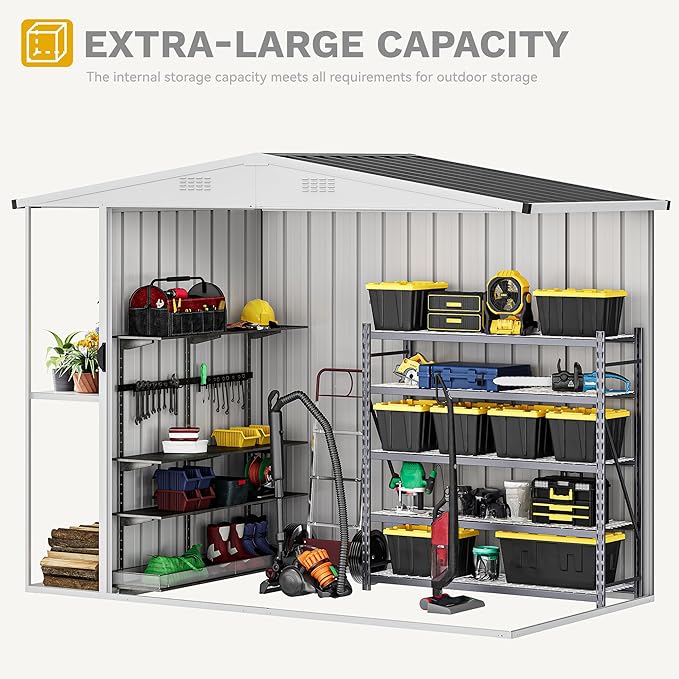 DWVO 8 x 4 ft Outdoor Storage Shed with 2-Tier Shelf, Metal Tool Shed & Garden Storage Cabinet for Backyard, Patio, Equipment & Bike, Dark Gray