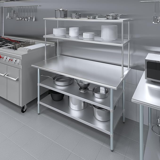 Amgood Stainless Steel Work Table with 2 Shelves | Metal Kitchen Prep Table & Shelving Combo (30" x 60" Table with 2 Shelves + 18" Overshelf)