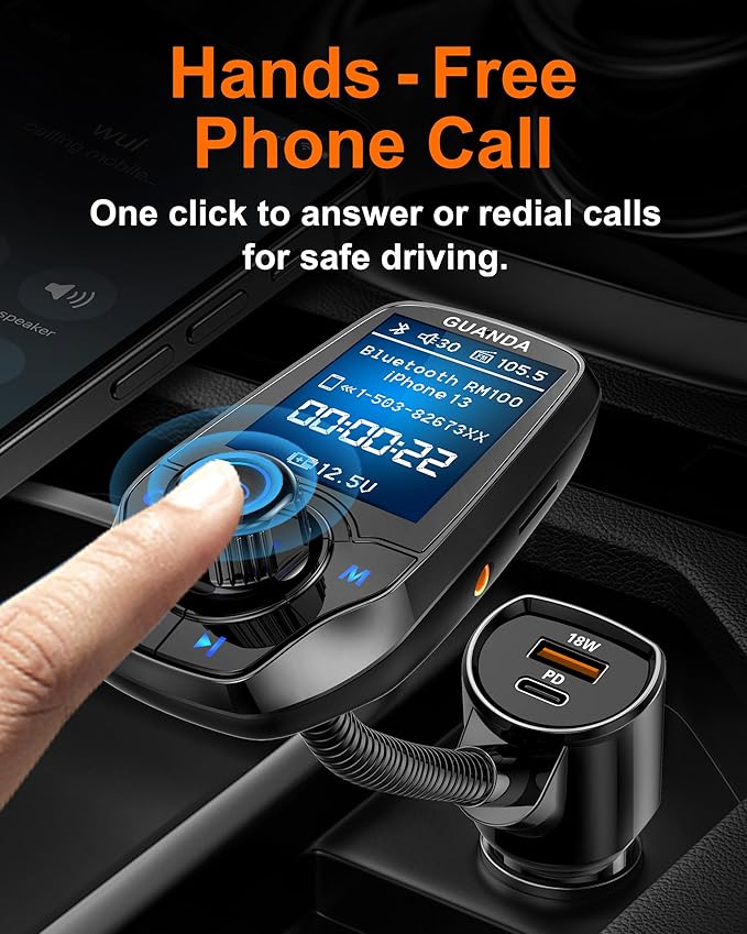 Upgraded Bluetooth FM Transmitter for Car, Wireless Radio Adapter Kit W 1.8" Color Display Hands-Free Call AUX in/Out SD/TF Card USB Charger PD 20W for All Smartphones Audio Players - Black
