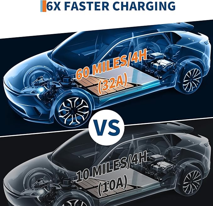 Level 2 EV Charger, 32A 240V Voltage, NEMA 14-50 Plug, 25ft Cable, Adjustable Current/Delay Timer, SAE J1772 Listed Portable Electric Car Charger for Indoor/Outdoor Use