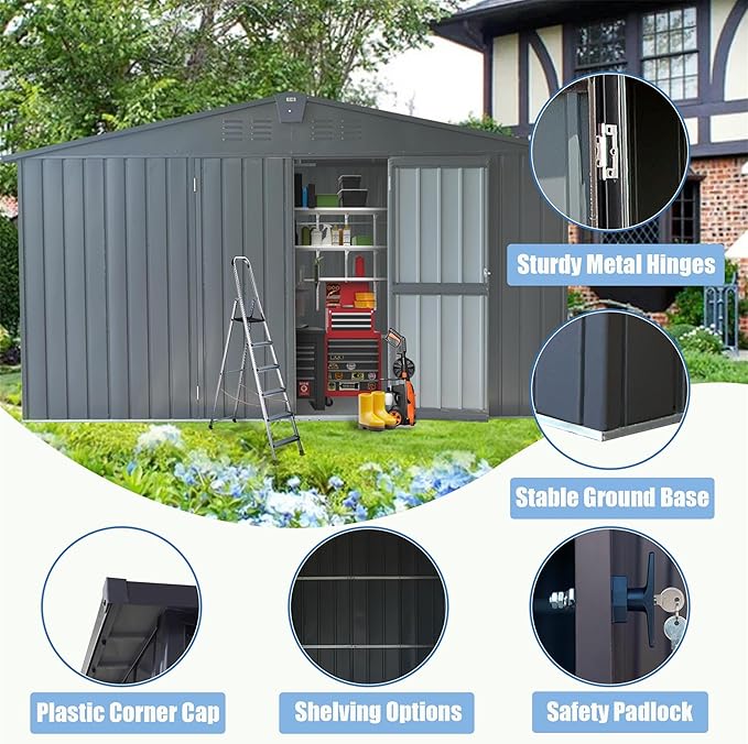 IKERY Large Galvanized Steel Storage Shed 11' x 9' with Windows & Lockable Door - Outdoor Garden & Utility Tool Shed for Backyard, Patio - Dark Gray