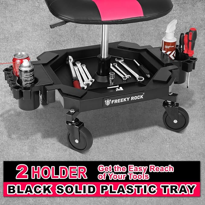 Rolling Stool with Wheels, Adjustable Height Pneumatic Garage Work Mechanic Stool Seat with Backrest, 400 LBS Capacity 360° Swivel Mechanic Crepper Chair with Tool Tray Storage, Pink