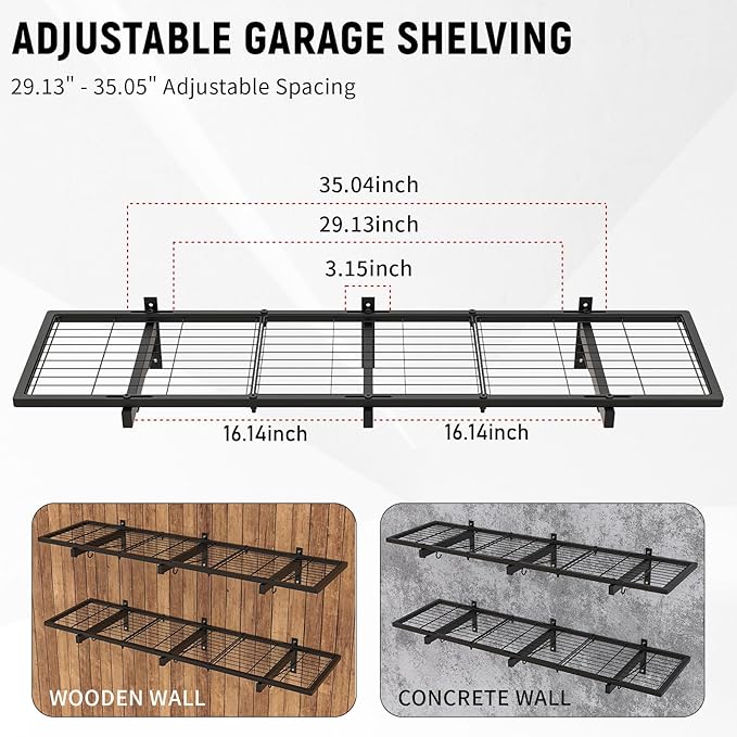 2 Pack Garage Wall Shelves, 46"X 12.5" Garage Shelving Wall Mounted, Heavy Duty Wall Shelf Organizer with 8 Hooks, Black Floating Storage Metal Rack 320 LBS Capacity for Laundry Room, Office, Basement