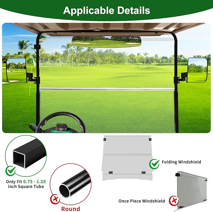 Golf Cart Mirrors Kit for EZGO Club Car Yamaha, No-Drilling Night Safety Reflective Design Golf Cart Side Mirror and Rear View Mirror Kit Universal Foldable and Adjustable Rotatable HD Glass