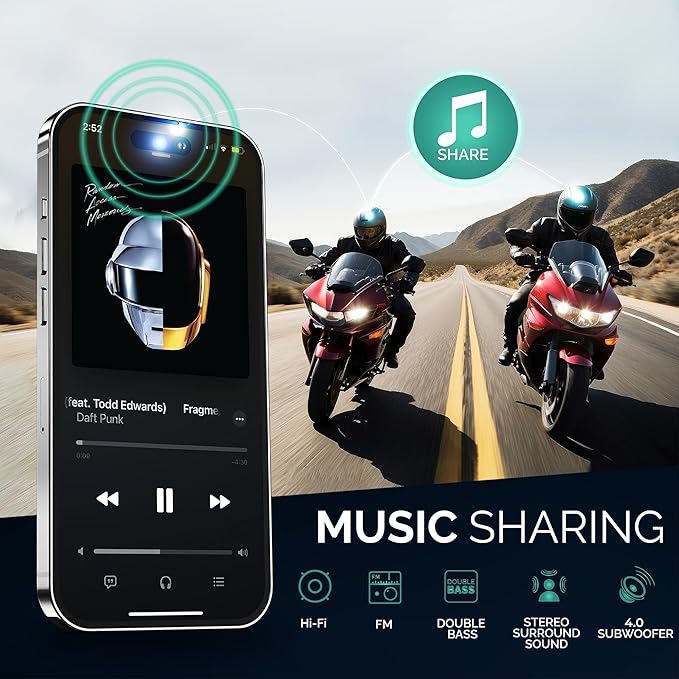 V8 Motorcycle Bluetooth Headset, Helmet Intercom with FM and Music Sharing Noise Cancelling DSP&CVC HiFi Stereo 1000M to 2000M Intercomunicador Moto (Dual Pack, 2X)