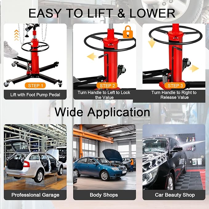 Transmission Jack 1660 lbs/ 0.75 Ton Capacity Hydraulic Telescopic Transmission Jack 34" - 68" Adjustable Height Telescoping Transmission Hydraulic with 360° Swivel Wheels Lift Hoist