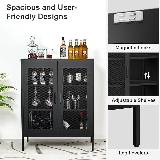 Metal Storage Cabinet with Mesh Doors and Shelves,Multipurpose Storage Rack, 3-Tier Office Cabinet,Metal Locker Style Accent for Home Office,Living Room,Kitchen (Black-mesh, 40''H)