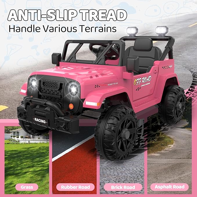 12V Ride On Truck Car with Remote Control, Kids Electric Vehicles with Bluetooth Music, Horn, 3 Speeds, 4 LED Lights, Soft Start, Ride-on Toy for Toddler Boys & Girls (Pink)
