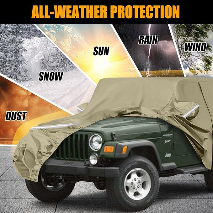Waterproof Car Covers Replace for 1987-2006 Jeep Wrangler, Multilayer Heavy Duty with Cotton Liner All Weather Custom-fit Car Cover with Zipper Door, Windproof Bands for Snow Rain Dust Protection